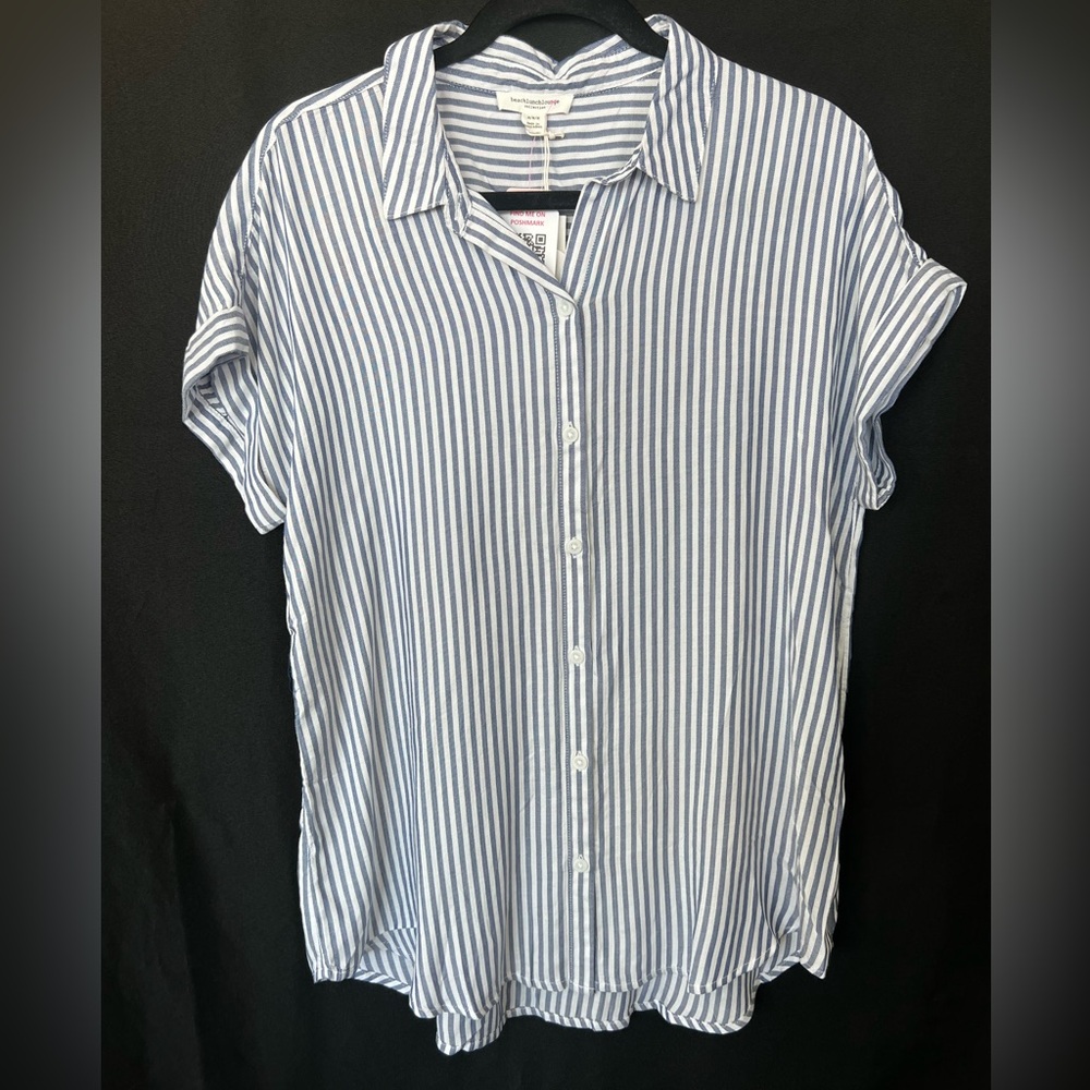 SOLD๐ ๐ NWT BEACHLUNCHLOUNGE โSpencerโ Blue & White Striped High-Low Shirt | - Picture 1 of 10